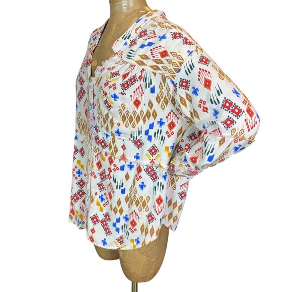 Blue B Button-Up Blouse Geometric Western Ikat Sz M #237K - Picture 5 of 9